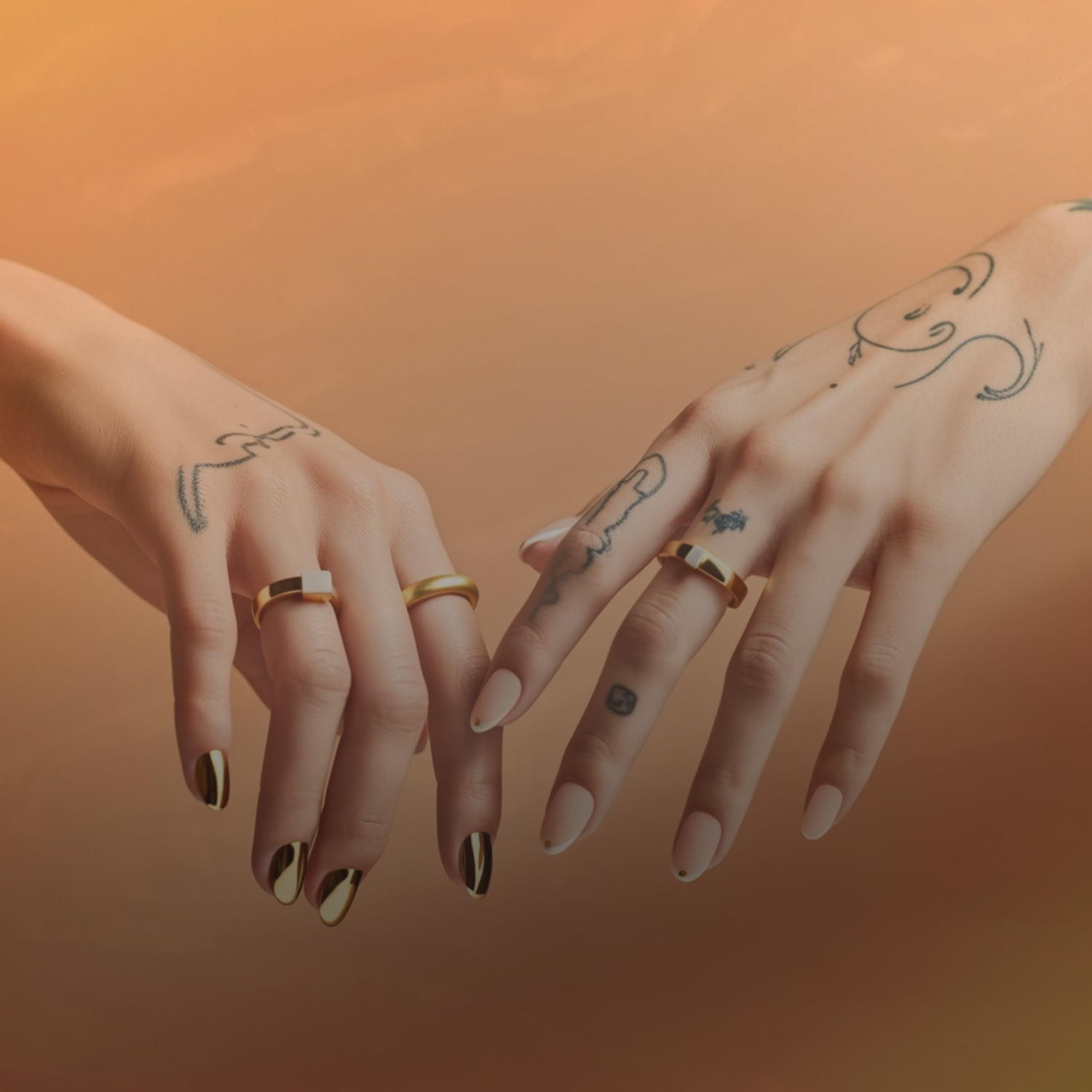 Two hands with tattoos and rings against a warm-toned background to illustrate tattoos poems from Life in 3 Lines by Fern Jean-Joseph