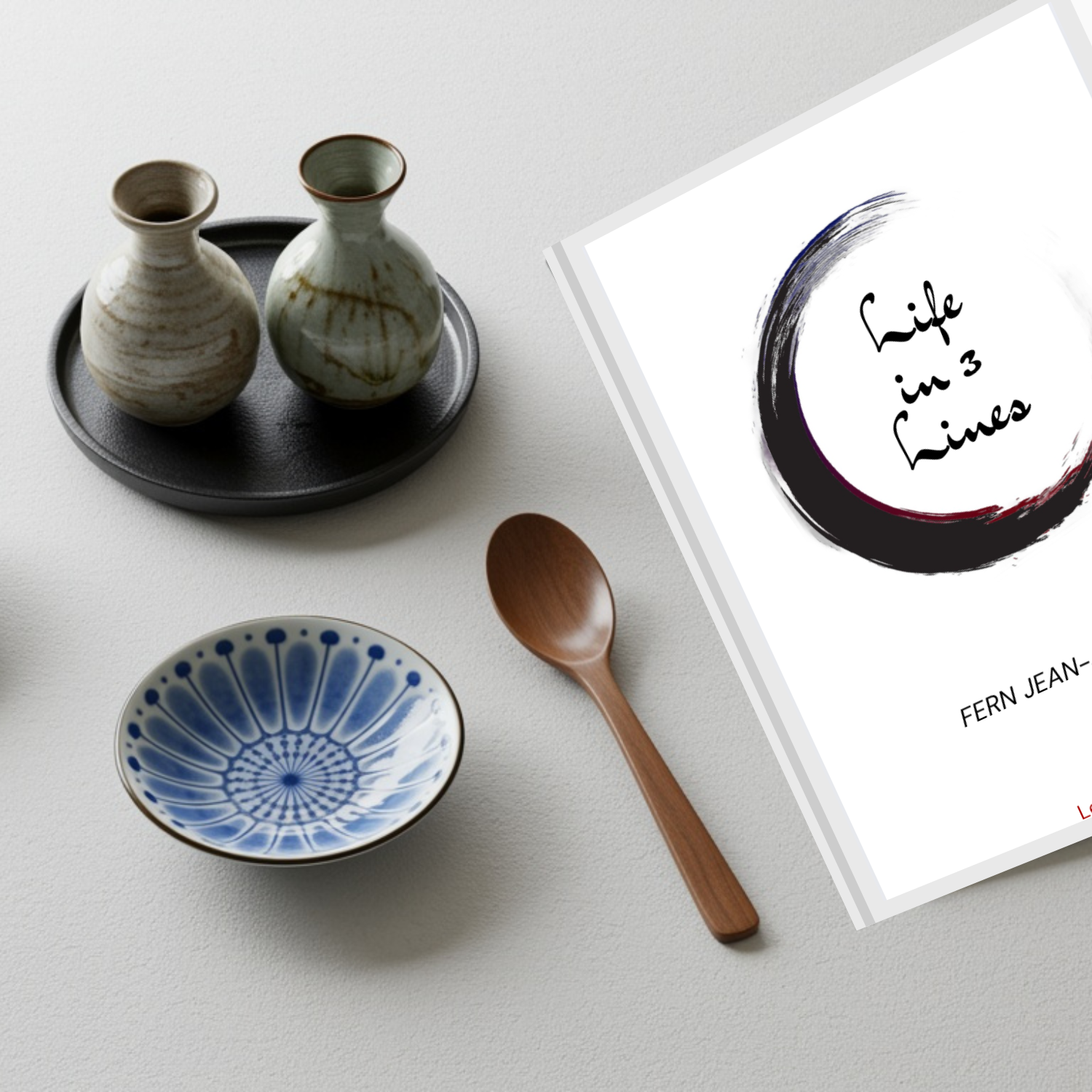 Ceramic vases, a wooden spoon, and a decorative plate on a light surface with a book titled 'Life in 3 Lines' by Fern Jean-Joseph