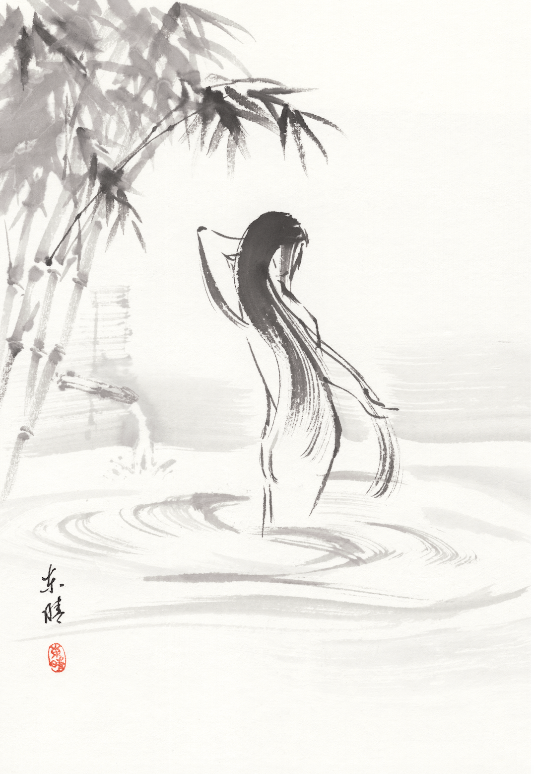 Traditional Chinese ink painting of a figure by water with bamboo, on a white background.