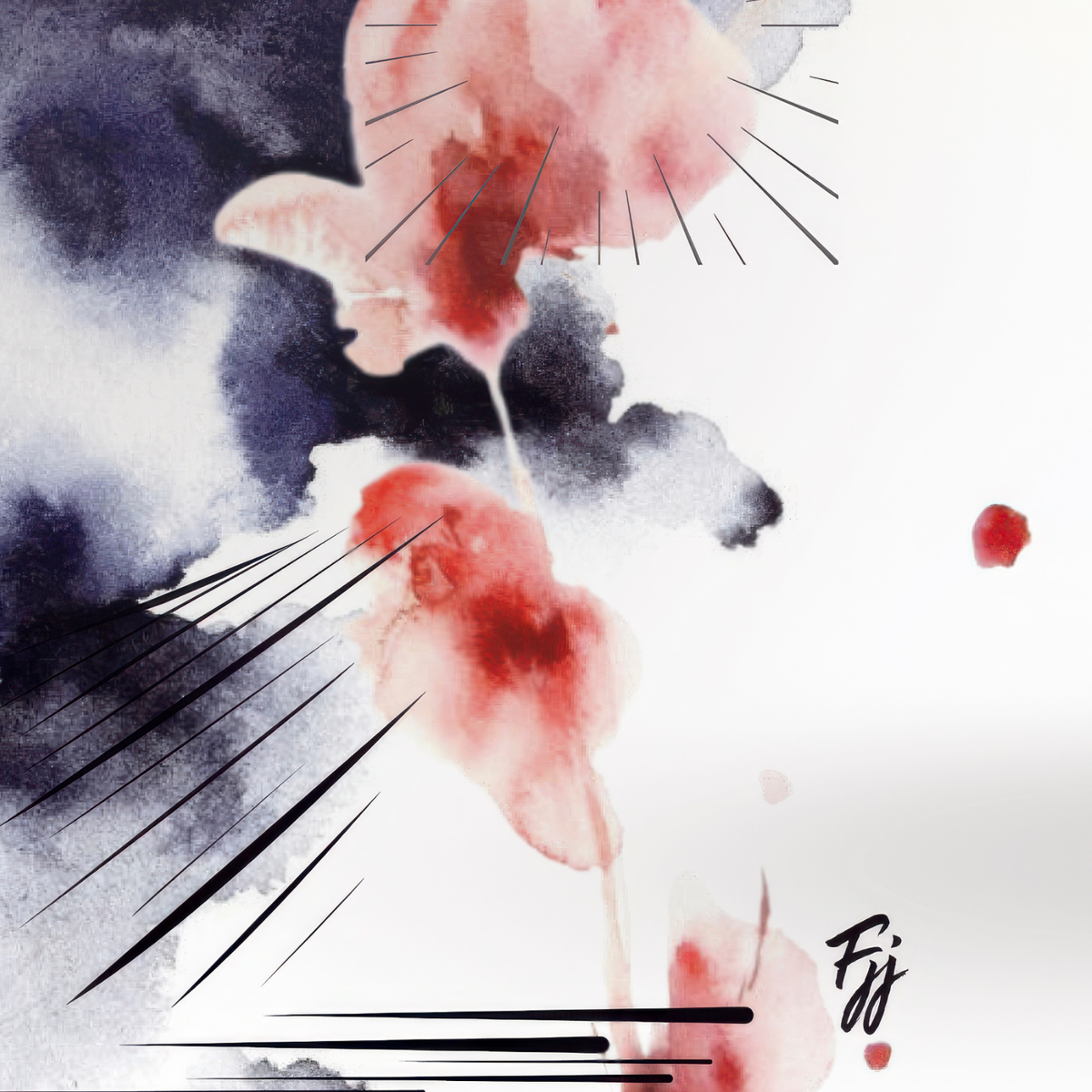 digital chigiri-e by fern jean-Joseph : Artistic depiction of flowers with red centers and black lines on a watercolor background